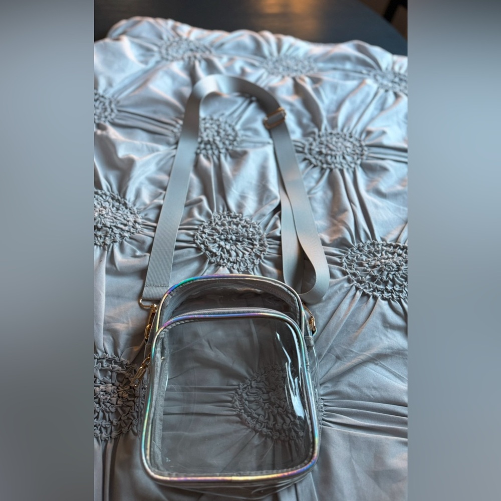 Clear Crossbody Bag with Adjustable Strap and golden color clips grey straps